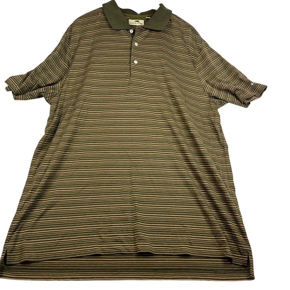 Alister MacKenzie Mens XL Polo Shirt Green Tan Striped Short Sleeve Golf Top